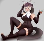  1girl @_@ abs absurdres animal_ears antenna_hair arm_up armpits bangs bare_shoulders blush breasts brown_eyes brown_hair commission covered_navel cup drink drinking_glass drooling drunk elbow_gloves fangs fingerless_gloves front_zipper_swimsuit full_body giant_otter_(kemono_friends) gloves grey_hair hair_between_eyes hand_on_own_head hand_up highres holding holding_cup kemono_friends knee_up large_breasts looking_at_viewer meme_attire multicolored_hair nanoder one-piece_swimsuit open_mouth otter_ears otter_girl otter_tail outstretched_leg parted_bangs raised_eyebrow sitting skin_tight smile solo swimsuit tail tan thighhighs toeless_legwear toes toned turtleneck turtleneck_swimsuit zipper zipper_pull_tab 
