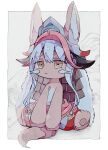  1other :&lt; animal_ear_fluff animal_ears animal_feet bangs barefoot blush_stickers body_fur border closed_mouth commentary english_commentary expressionless fake_horns feet full_body furry grey_background grey_hair half-closed_eyes helmet highres horned_helmet horns long_hair looking_at_viewer made_in_abyss multicolored_clothes multicolored_headwear multicolored_pants nanachi_(made_in_abyss) other_focus outside_border own_hands_together pawpads sidelocks sitting solo soresaki spread_legs tail topless two-tone_fur v_arms whiskers white_border white_fur yellow_eyes yellow_fur 