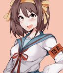  1girl :d armband bangs blue_sailor_collar blue_skirt blush bob_cut breasts brown_eyes brown_hair commentary hair_ribbon hairband hand_on_hip highres kita_high_school_uniform long_sleeves looking_at_viewer medium_hair orange_background paperclip red_armband red_ribbon ribbon sailor_collar school_uniform serafuku simple_background skirt smile solo suzumiya_haruhi suzumiya_haruhi_no_yuuutsu upper_body winter_uniform yellow_hairband yubanonn 