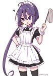  1girl akebono_(kancolle) alternate_costume apron bell black_dress black_thighhighs dress duster enmaided flower frilled_apron frills hair_bell hair_flower hair_ornament highres jingle_bell kantai_collection long_hair maid maid_headdress one-hour_drawing_challenge pista_land purple_eyes purple_hair side_ponytail solo thighhighs very_long_hair white_apron wrist_cuffs 