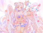  1girl angel_wings azu-bull bangs blue_choker blue_eyes breasts cage choker cleavage dress facial_mark flower forehead_mark frilled_dress frills gem heterochromia holding holding_wand kneehighs layered_dress looking_at_viewer medium_breasts original over-kneehighs parted_bangs parted_lips pink_flower pink_rose rose single_kneehigh single_over-kneehigh single_sock single_thighhigh socks solo thighhighs wand white_hair wings yellow_eyes 
