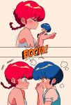  2girls black_footwear blue_eyes blue_hair blush breasts closed_eyes highres multiple_girls ranma-chan ranma_1/2 red_hair sanamaru_(sana79261827) school_uniform short_hair simple_background size_difference tendou_akane yuri 