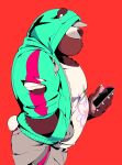  2019 absurd_res airpods anthro barazoku bear beard belly big_belly big_butt big_pecs butt clothing drawstring facial_hair giant_panda hand_in_pocket hat_over_eyes hi_res holding_object holding_phone hoodie male mammal musclegut obscured_eyes pawpads paws pecs phone pockets red_background shaded shirt side_view simple_background solo super-tuler tail tairu topwear torn_hoodie 