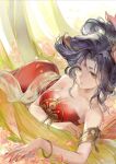  1girl absurdres armlet bare_shoulders black_hair bracelet breasts dress facial_mark field flower flower_field forehead_mark hair_ornament highres huanyoucai jewelry large_breasts lying on_side parted_lips pink_flower red_dress solo streamers upper_body wang_chuan_feng_hua_lu yang_guifei_(wang_chuan_feng_hua_lu) 
