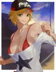  1girl bangs baseball_cap bikini bikini_top_only blonde_hair border character_request commentary fatal_fury green_eyes grin hat highres looking_at_viewer oni_gini outdoors oversized_clothes oversized_shirt red_bikini shirt short_hair smile solo swimsuit white_border white_shirt 