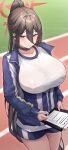  1girl absurdres bangs black_choker black_hair blue_archive blue_jacket blue_shorts blurry blush breasts chinese_commentary choker closed_mouth collarbone commentary_request covered_nipples cowboy_shot day depth_of_field facing_viewer gym_uniform hair_between_eyes halo hasumi_(blue_archive) hasumi_(gym_uniform)_(blue_archive) highres holding holding_pen huge_breasts jacket long_bangs long_hair looking_away no_bra official_alternate_costume outdoors partially_unzipped pen ponytail red_eyes running_track see-through shirt shorts sijinni solo standing very_long_hair wet wet_clothes wet_shirt 