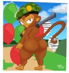  anthro balloon beret big_butt bloons_tower_defense breasts brown_body brown_eyes brown_fur butt clothing eyebrows eyelashes female fur gun haplorhine hat headgear headwear hi_res holding_gun holding_object holding_weapon inflatable lewdpunch long_tail looking_at_viewer looking_back looking_back_at_viewer mammal monkey ninja_kiwi nude primate ranged_weapon rear_view smile solo tail thick_eyebrows thick_thighs weapon wide_hips 