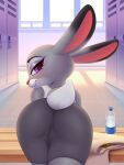  2023 absurd_res anthro blush bodily_fluids bottle clothed clothing container digital_media_(artwork) disney eyebrows eyelashes female hi_res judy_hopps lagomorph leporid long_ears looking_at_viewer looking_back looking_back_at_viewer mammal rabbit rear_view redvais smile solo sweat water_bottle zootopia 