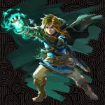  1boy arrow_(projectile) bangs blonde_hair blue_eyes bow cloak earrings glowing glowing_hand holding jewelry link long_hair male_focus master_sword official_alternate_costume official_art pointy_ears short_sleeves solo sword the_legend_of_zelda the_legend_of_zelda:_breath_of_the_wild the_legend_of_zelda:_tears_of_the_kingdom weapon 
