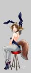  1girl :p absurdres animal_ears arknights ass bare_shoulders blue_hairband blush breasts chocolatice closed_mouth detached_collar fake_animal_ears fox_ears fox_girl fox_tail from_behind grey_background grey_pantyhose hairband high_heels highres long_hair looking_at_viewer looking_back medium_breasts pantyhose perfumer_(arknights) ponytail rabbit_ears red_footwear sideboob simple_background smile solo stool tail tail_through_clothes tongue tongue_out 