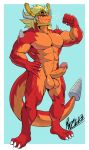  abs anthro balls blonde_hair bodily_fluids bushiroad dragon drum_bunker_dragon future_card_buddyfight genitals hair hi_res lofnirv male muscular muscular_anthro muscular_male nude orange_body orange_skin pecs penis red_body red_skin solo sweat tail 