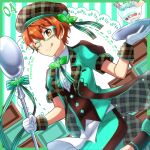  1boy aki_ma_jiro aoi_kyosuke buttons collared_shirt food glasses hair_between_eyes hat highres holding holding_plate holding_spoon ice_cream idolmaster idolmaster_side-m male_focus one_eye_closed orange_eyes orange_hair plate shirt short_sleeves smile solo spoon tongue tongue_out 