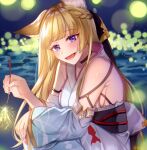  1girl animal_ears animal_print beach black_ribbon blonde_hair erune fish_print granblue_fantasy japanese_clothes kimono night purple_eyes ribbon sitting usameruti yuisis_(granblue_fantasy) yukata 