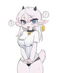  1girl 666 ? animal_collar animal_ear_fluff animal_ears bangs black_panties blue_eyes blush breasts collar commentary cow_ears cow_girl cow_horns cow_tail cowboy_shot curvy dotted_line ear_tag english_commentary fang hair_between_eyes horns kid094ff large_breasts long_hair looking_at_viewer no_pants open_mouth original pale_skin panties shirt shirt_tug short_sleeves simple_background solo speech_bubble spoken_question_mark t-shirt tail tented_shirt underwear white_background white_hair white_shirt 