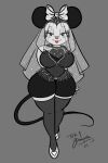  anthro black_body bow_(feature) breasts cleavage clothed clothing digital_media_(artwork) disney female gloves greyscale handwear hi_res legwear lingerie lipstick makeup mammal minnie_mouse monochrome mouse murid murine rodent solo tekandprieda_(artist) thick_thighs thigh_highs wedding_lingerie wedding_veil 