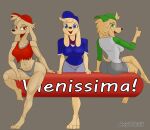  abs anthro arcatech backwards_baseball_cap backwards_hat baseball_cap canid canine canis clothing crop_top domestic_dog female gesture group hat headgear headwear hi_res mammal muscular muscular_female shirt thumbs_up topwear trio vienissima 