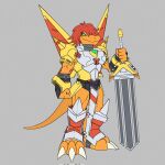  anthro armor bandai_namco belt claws digimon digimon_(species) green_eyes hair hi_res male melee_weapon muscular muscular_anthro muscular_male pecs red_hair ridgeone1 scalie solo sword victorygreymon weapon 