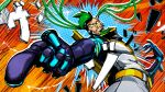  absurdres belt cable game_cg green_hair hi-fi_rush highres jojo_pose mechanical_arms multicolored_background non-web_source scientist zanzo_(hi-fi_rush) 
