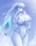  anthro big_breasts bikini blade_(xenoblade) blue_body blue_eyes blue_fur breasts bunnit clothing cloud covered_nipples dahlia_(xenoblade) female fur glowing huge_breasts huge_ears humanoid lagomorph leporid looking_at_viewer mammal navel rabbit saf-404 sky smile solo swimwear thick_thighs xenoblade_(series) xenoblade_chronicles_2 