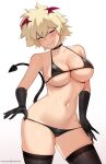  1girl bakugou_mitsuki bangs bare_shoulders bikini black_bikini black_gloves blonde_hair blush boku_no_hero_academia breasts choker cleavage closed_mouth collarbone commentary demon_tail elbow_gloves foreshortening gloves groin hair_between_eyes head_wings highres hioyami large_breasts leaning_to_the_side looking_at_viewer mature_female micro_bikini naughty_face navel patreon_username red_eyes short_hair simple_background skindentation smirk solo sweat swimsuit tail tail_raised thighhighs thighs underboob v-shaped_eyebrows 