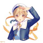  1boy blue_jacket blue_vest brown_eyes ensemble_stars! hat jacket light_brown_hair looking_at_viewer male_focus mashiro_tomoya open_mouth ribbon rinndouk sailor_collar sailor_hat shirt short_hair solo vest white_background white_shirt yellow_ribbon yellow_sailor_collar 