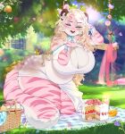  anthro arthropod beverage big_breasts blonde_hair blue_eyes breasts butterfly cake cherrikissu cleavage cleavage_cutout clothed clothing day dessert dress eyebrow_through_hair eyebrows felid female fingers food fur hair hi_res huge_breasts insect kneeling lepidopteran long_hair looking_at_viewer mammal marzipan_(spottedtigress) multicolored_body multicolored_fur narrowed_eyes outside overweight overweight_anthro overweight_female pantherine picnic pink_body pink_fur solo striped_body striped_fur stripes thick_thighs tiger translucent translucent_hair white_body white_fur 