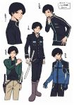  1boy absurdres alternate_costume arafune_squad&#039;s_uniform baccalaoooo bangs black_hair black_jacket black_pants blue_jacket boots brown_pants cropped_jacket cropped_legs cropped_torso gloves green_jacket hand_on_another&#039;s_shoulder highres holster jacket kazama_squad&#039;s_uniform knee_boots kuruma_squad&#039;s_uniform long_sleeves looking_at_another looking_at_viewer looking_away male_focus miwa_squad&#039;s_uniform multiple_views nervous ouji_squad&#039;s_uniform outline pants short_hair sideways_glance simple_background smile standing sword translation_request tsuji_shinnosuke weapon white_background white_gloves white_outline world_trigger 