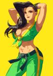  1girl arms_up asymmetrical_hair black_hair bracelet braid breasts brown_eyes cleavage dougi front-tie_top green_pants hands_on_own_head highres jewelry laura_matsuda martial_arts_belt midriff pants street_fighter street_fighter_v wristband yagi2013 