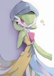  closed_mouth clothed_pokemon gardevoir gardevoir_(cafe) grey_headwear hand_up hat highres looking_to_the_side milka_(milk4ppl) pink_eyes pokemon pokemon_(creature) pokemon_(game) pokemon_unite ribbon smile star_(symbol) 