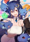  &gt;_&lt; 1girl absurdres bandeau bare_shoulders blue_hair blush_stickers breasts cleavage cloud9 collarbone colored_sclera commission constellation crescent crescent_hair_ornament detached_collar dragon_girl dragon_horns fingernails hair_between_eyes hair_ornament highres horns ibaraki_shun large_breasts long_hair long_sleeves medium_breasts midriff open_mouth pants red_eyes red_sclera skeb_commission stomach vienna_(vtuber) virtual_youtuber white_pants 