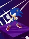  2021 absurd_res anthro blue_body clothing dated footwear gloves green_eyes handwear hi_res male not_furry open_mouth purple_background sbin sega shoes signature simple_background sneakers solo sonic_the_hedgehog_(series) tan_arms 