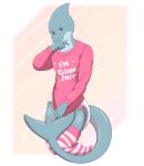  anthro blush clean_diaper clothing diaper embarrassed extremius_amphibious fish hi_res kneeling leggings legwear male marine meme meme_clothing shark solo steel_(extremius_amphibious) sweater topwear 