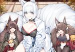  3girls ;d absurdres aged_down akagi-chan_(azur_lane) amagi-chan_(azur_lane) animal_ears azur_lane bangs bare_shoulders bell black_kimono blue_eyes blunt_bangs breasts brown_hair brown_tail cleavage detached_sleeves fox_ears fox_girl fox_tail grin hair_bell hair_ornament half-closed_eyes highres japanese_clothes kaga_(azur_lane) kimono kitsune kyuubi large_breasts long_sleeves multiple_girls multiple_tails one_eye_closed open_mouth print_kimono red_eyes samip short_hair smile swept_bangs tail teeth upper_body upper_teeth_only white_hair white_kimono white_tail wide_sleeves 