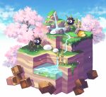  43 blue_sky blush blush_stickers cherry_blossoms closed_eyes cloud commentary_request cube day full_body gordo grass isometric kirby_(series) lying no_humans on_stomach plant rock scenery simple_background sky sleeping tree waddle_dee water waterfall white_background 