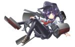  1girl akatsuki_(kancolle) anchor_symbol bangs black_pantyhose blue_eyes double_horizontal_stripe flat_cap full_body grey_footwear hair_between_eyes hat kantai_collection loafers long_hair long_sleeves miniskirt neckerchief outstretched_arm panties pantyhose pantyshot pleated_skirt puffy_long_sleeves puffy_sleeves purple_hair purple_headwear purple_sailor_collar purple_skirt red_neckerchief sailor_collar school_uniform serafuku shinjou_satomi shoes sidelocks simple_background skirt solo underwear white_background white_panties white_serafuku 