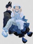  2023 2boys :3 animal_ears atsushi_toushirou bangs black_coat black_hair blonde_hair blue_bow blue_eyes blue_gloves blue_kimono blue_socks bow chinese_zodiac closed_mouth coat commentary double_v extra_ears frilled_kimono frilled_sleeves frills frown full_body fur_trim geta gloves grey_eyes hair_bow hands_up highres invisible_chair japanese_clothes kimono kyuu_(high) long_hair long_sleeves looking_at_viewer looking_to_the_side midare_toushirou multiple_boys otoko_no_ko platform_footwear rabbit_ears short_hair simple_background sitting sitting_on_lap sitting_on_person slippers smile socks symbol-only_commentary tabi touken_ranbu twintails v wide_sleeves year_of_the_rabbit 