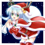 1girl :d antlers aqua_eyes bangs bell belt blue_hair border breasts brown_belt cape christmas detached_sleeves dress fingernails floating_hair fur-trimmed_cape fur-trimmed_headwear fur-trimmed_sleeves fur-trimmed_thighhighs fur_trim hair_between_eyes hat holding holding_sack holly leaning_forward legs_together light_blue_hair long_hair long_sleeves open_mouth original over_shoulder red_cape red_dress red_headwear red_sleeves red_thighhighs reindeer_antlers sack santa_dress santa_hat shinjou_satomi short_dress small_breasts smile snow snowing solo standing star_(symbol) tareme thighhighs white_border zettai_ryouiki 