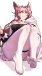  1girl absurdres animal_ear_fluff animal_ears arknights black_dress blush breasts cape cleavage convenient_leg dress feet hair_intakes highres knees_up large_breasts long_hair long_sleeves looking_at_viewer no_shoes official_alternate_costume open_mouth pantyhose pink_eyes pink_hair pozyomka_(arknights) pozyomka_(snowy_plains_in_words)_(arknights) simple_background sitting skindentation solo thigh_strap toes very_long_hair white_background white_cape white_pantyhose wolf_ears yamauchi_(conan-comy) 