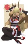  1girl 2023 absurdres alternate_costume animal_ears armpits arms_up bangs blonde_hair breasts bridal_gauntlets cleavage_cutout clothing_cutout crossed_legs dark-skinned_female dark_skin detached_sleeves fake_animal_ears fire_emblem fire_emblem:_the_binding_blade flower fur_shawl hair_flower hair_ornament hairband highres igrene_(fire_emblem) large_breasts lipstick long_hair looking_at_viewer makeup pantyhose playboy_bunny rabbit_ears rabbit_tail red_footwear red_lips ritence shawl sitting smile solo tail thigh_strap v 