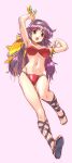  1girl absurdres arm_up armlet armpits ass_visible_through_thighs athena_(series) bangs bikini blue_footwear breasts brown_eyes cleavage groin hairband highres holding holding_sword holding_weapon long_hair lowleg lowleg_panties medium_breasts midriff navel open_mouth panties pink_background princess_athena purple_hair red_bikini sandals shield shinjou_satomi solo spiked_shield spikes swimsuit sword teeth underwear upper_teeth_only weapon yellow_hairband 