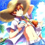  2boys aki_ma_jiro aoi_kyosuke aoi_yusuke blue_sky bracelet brothers character_name cloud collared_shirt cup fingernails food from_behind glasses hair_between_eyes hat highres holding holding_cup ice_cream idolmaster idolmaster_side-m jewelry looking_at_viewer male_focus multiple_boys navel necklace ocean open_clothes open_shirt orange_eyes orange_hair shirt short_sleeves siblings sky topless_male twins utensil_in_mouth 