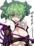  1girl black_coat black_gloves breasts choker cleavage coat dark_hunter dark_hunter_5 flying_sweatdrops fur-trimmed_coat fur_trim furrowed_brow gloves green_eyes green_hair hair_over_one_eye halterneck holding holding_whip huge_breasts looking_at_viewer messy_hair mojo nervous_smile open_clothes open_coat raised_eyebrows sekaiju_no_meikyuu sekaiju_no_meikyuu_2 sekaiju_no_meikyuu_hd shaded_face shimo_(depthbomb) short_hair short_twintails simple_background smile solo stomach sweat tearing_up twintails underboob wavy_mouth white_background 