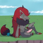  aiden_laninga anthro bedroom_eyes black_body black_fur darknsfwindie fur generation_5_pokemon genitals hair hi_res male narrowed_eyes nintendo penis pokemon pokemon_(species) red_hair seductive solo wanderlust zoroark 