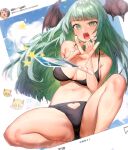  1girl absurdres bangs barefoot bikini black_bikini blunt_bangs breasts card cleavage clip_studio_paint_(medium) clothing_cutout commentary english_commentary feet_out_of_frame fingernails green_eyes green_hair head_wings heart_cutout highres hymin instagram instagram_story large_breasts long_hair morrigan_aensland open_mouth playing_card purple_eyes solo spread_legs summer swimsuit throwing uno_(game) vampire_(game) 
