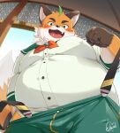  belly blush bulge canid canine clothing fox fur green_eyes hi_res iyo_(tamacolle) janepoyo looking_at_viewer male mammal orange_body orange_fur overweight solo suspenders tamacolle underwear undressing 
