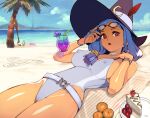  1girl beach bikini blue_hair broom cake cameltoe covered_nipples floating floating_object food glasses hat little_witch_academia long_hair looking_at_viewer open_mouth optionaltypo palm_tree red_eyes removing_eyewear shiny_skin signature solo swimsuit tree ursula_charistes witch_hat 