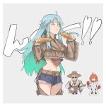  1boy 2girls blonde_hair blue_hair chitak4 closed_eyes colored_inner_hair corn denim denim_shorts eating facial_hair fate/grand_order fate_(series) fujimaru_ritsuka_(female) fujimaru_ritsuka_(female)_(decisive_battle_chaldea_uniform) goredolf_musik green_hair hat highres instrument kukulkan_(fate) long_hair maracas midriff multicolored_hair multiple_girls mustache orange_hair shorts simple_background sunglasses ukulele white_background 