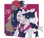  2boys black_hair black_hoodie border closed_mouth commentary_request cropped_jacket dark-skinned_male dark_skin earrings eyeshadow from_side green_eyes grey_eyeshadow headband hood hoodie jacket jewelry long_hair makeup male_focus multicolored_hair multiple_boys orange_headband pale_skin piers_(pokemon) pokemon pokemon_(game) pokemon_swsh raihan_(pokemon) saku_anna shirt short_hair smile two-tone_hair undercut white_border white_hair white_jacket 