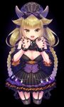  1girl bare_shoulders belt_collar black_background black_headwear black_nails blonde_hair braid breasts claw_pose cleavage collar corset cow_horns detached_collar dress fake_horns fangs frilled_dress frills garter_belt goou_yoshimitsu hair_flaps hair_ribbon horns okanoyuno open_mouth ribbon tenka_hyakken thick_eyebrows thighhighs twin_braids wristwear yellow_eyes 