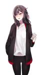  1girl absurdres alternate_costume bangs black_jacket black_pantyhose blush brown_eyes brown_hair casual cellphone collarbone commentary cowboy_shot drawstring hair_ornament hair_over_shoulder hairclip hand_in_pocket highres holding holding_phone hood hood_down hooded_jacket jacket kagerou_project looking_to_the_side mekakucity_actors multicolored_clothes multicolored_jacket no_scarf open_clothes open_jacket open_mouth pantyhose phone rax_(pixiv_47057609) red_jacket shirt simple_background solo swept_bangs t-shirt tateyama_ayano teeth two-tone_jacket upper_teeth_only white_background white_shirt 